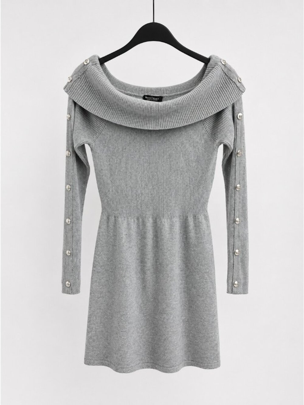 White House Black Market WHBM Gray Ribbed Knit Off Shoulder Sweater Dress S